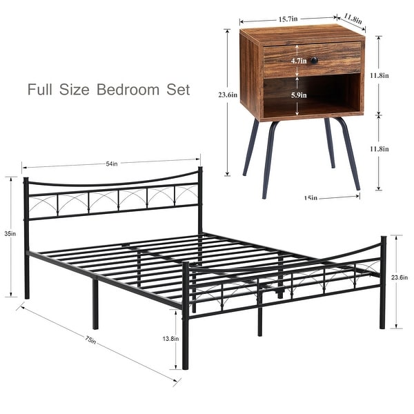 3-pieces Bed Frame and Modern Nightstand Set of 2 with 1-Drawer - - 36539696