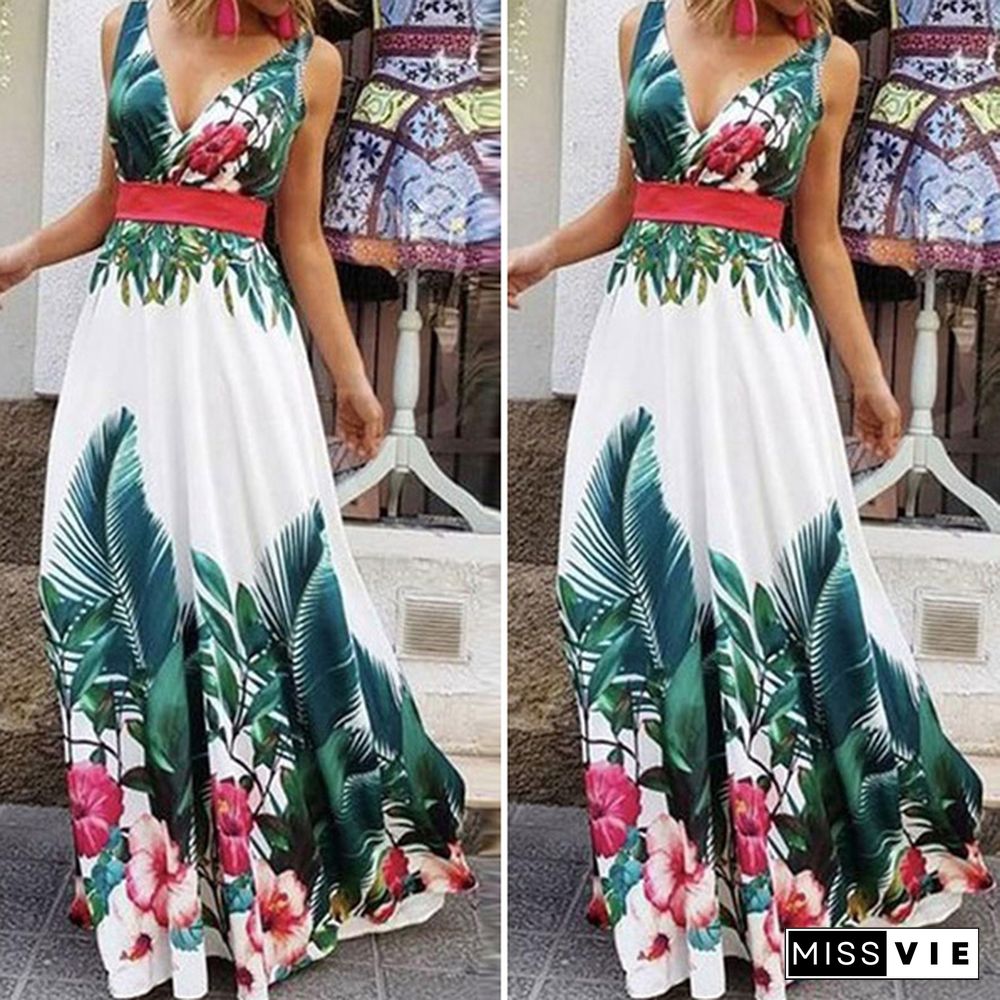 Women Summer V Neck Sleeveless Casual Dress Holiday Party Floral Printed Sundress