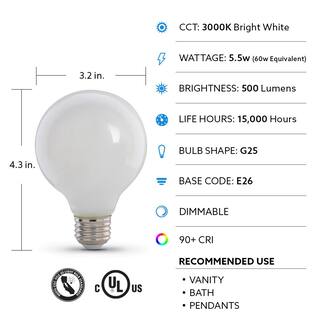 Feit Electric 60-Watt Equivalent G25 Dimmable Filament ENERGY STAR White Glass LED Light Bulb Bright White 3000K (3-Pack) G2560W930CAFIL3RP