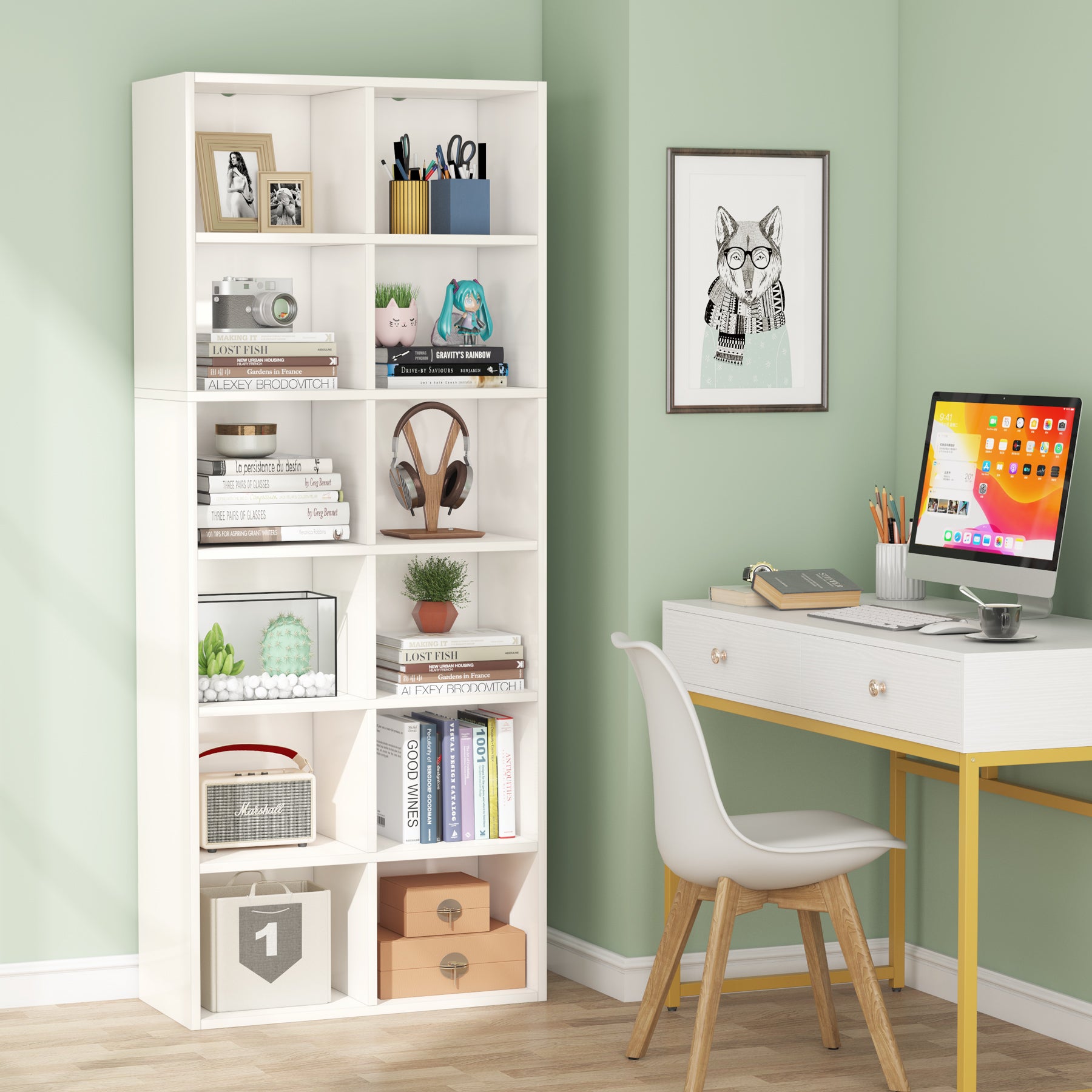 70.9 Bookcase, Modern Bookshelf with 12 Cube Storage