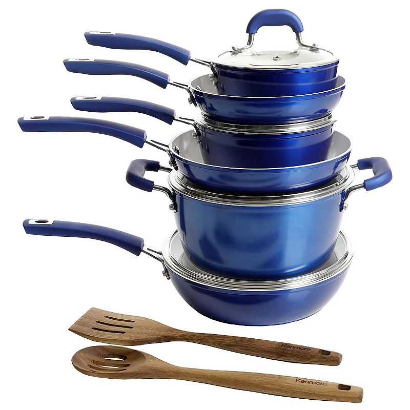 Kenmore Arlington 12 Piece Nonstick Ceramic Cookware and Accessory Set， Blue