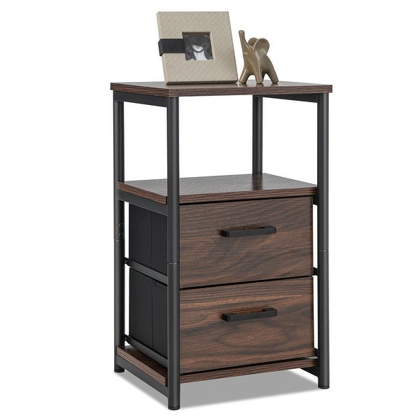 Gymax Nightstand Bedside End Table with 2 Fabric Drawers Storage Shelf