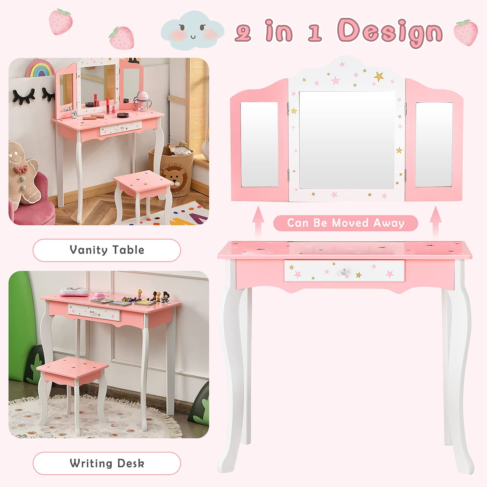 Costzon Kids Vanity Set with Mirror, 2 in 1 Princess Makeup Dressing Table w/Detachable Top