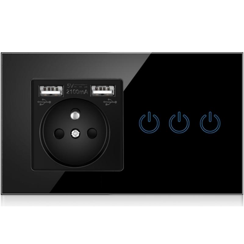 Eu Power Outlet Socket Glass Panel Touch Light Switch， 2 Usb Charger 5v/2.1a， Black French Wall Electrical Socket