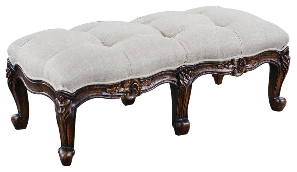 Long Footstool French Country Farmhouse Carved Wood Walnut  Oatmeal   Traditional   Footstools And Ottomans   by EuroLuxHome  Houzz