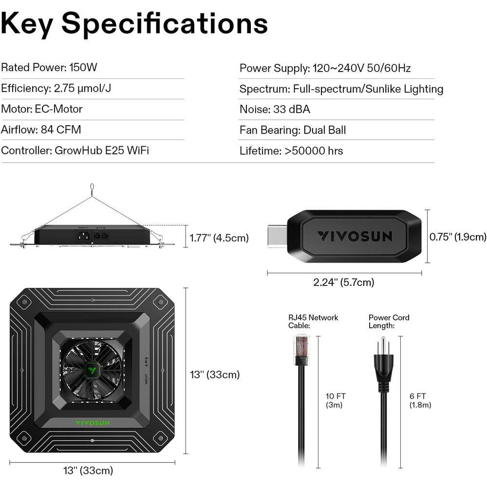 VIVOSUN AeroLight 13 in. 150-Watt LED Grow Light with Integrated Circulation Fan and GrowHub Controller E25 Warm White wal-VSA150SE-25