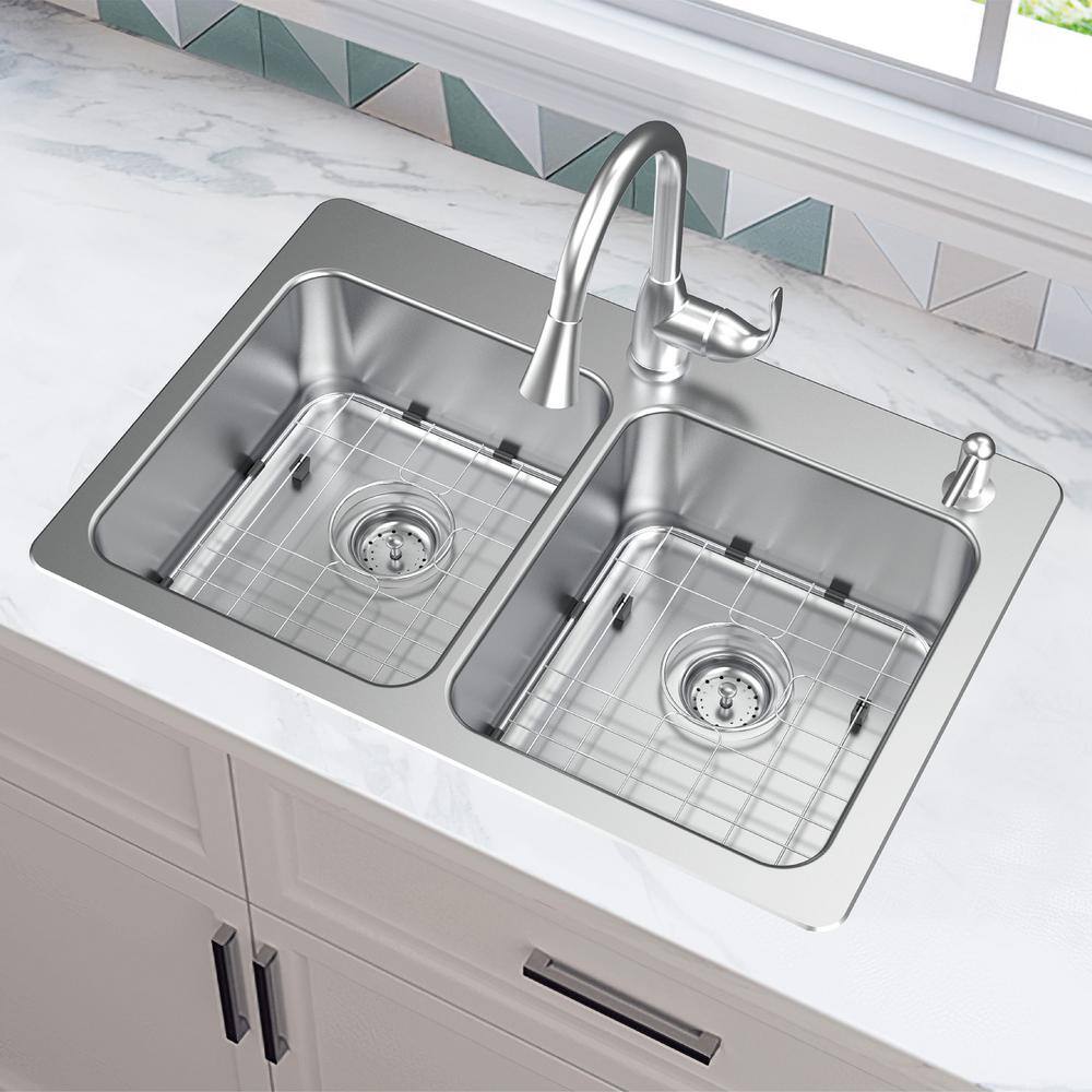 Glacier Bay Bratten Drop-InUndermount 18G Stainless Steel 33 in. 2-Hole 5050 Double Bowl Kitchen Sink with Accessories VT3322TA0ACC