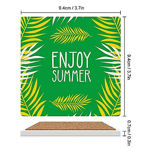 Colourlife Square Drink Coasters 2 Pcs Bright Summer With Palm Leaves Absorbent Ceramic Coffee Coasters For Drinks With Cork Base Housewarming Gift Fo