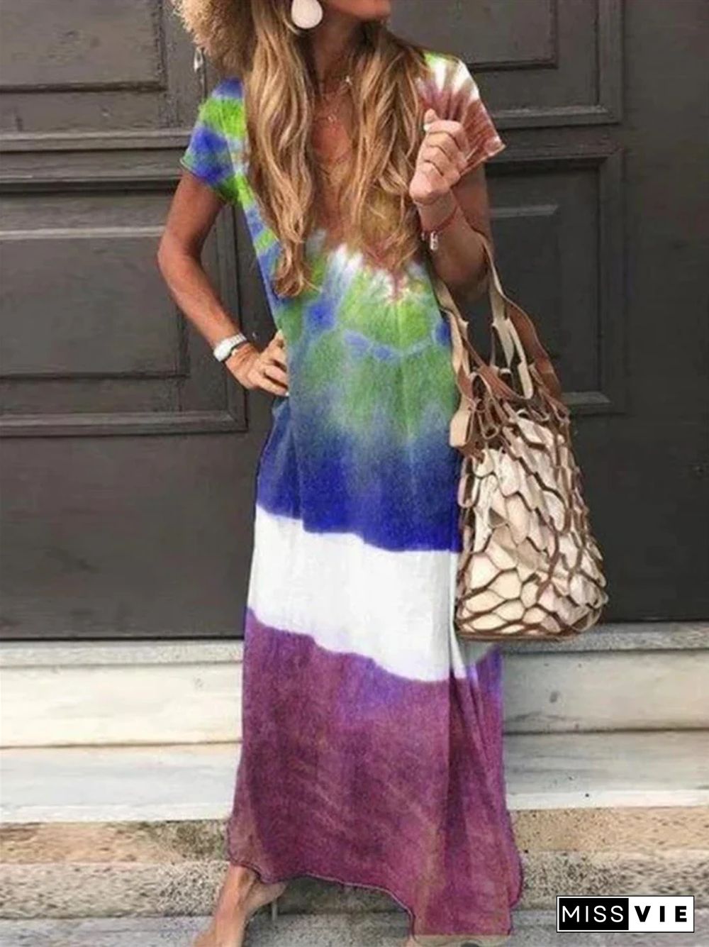 Fashion V-Neck Short Sleeve Tie Dye Loose Vacation Dress