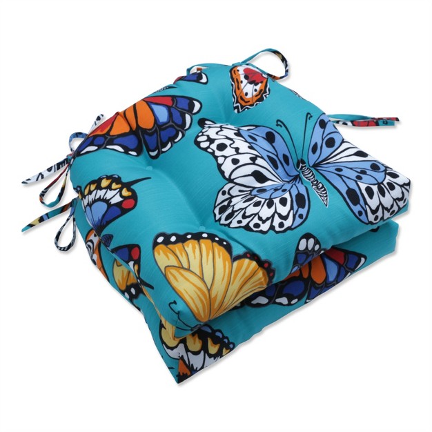 Butterfly Garden 2pc Outdoor indoor Deluxe Tufted Chair Pads Turquoise Pillow Perfect