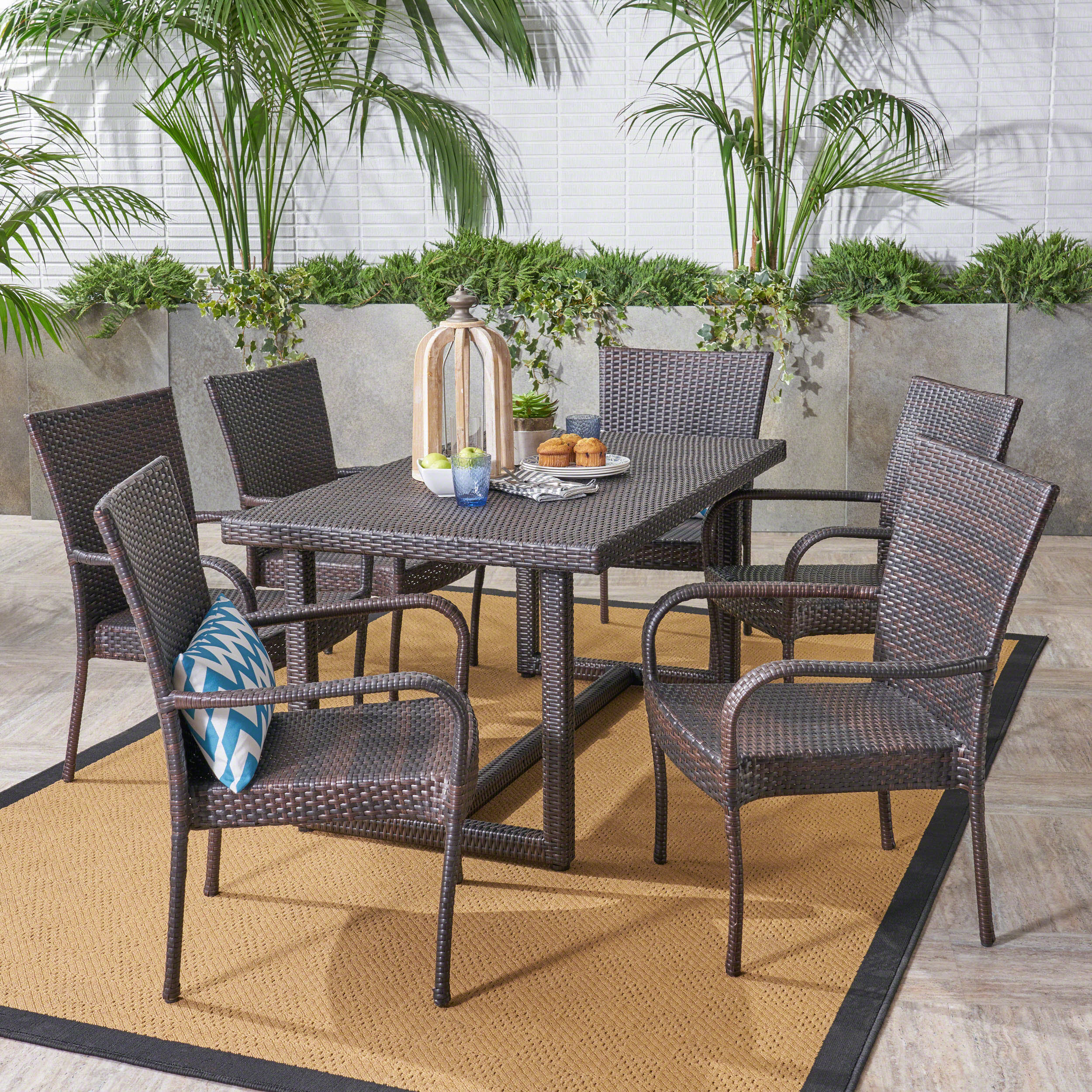 Cain Outdoor Transitional 7-Piece Multi-Brown Wicker Dining Set