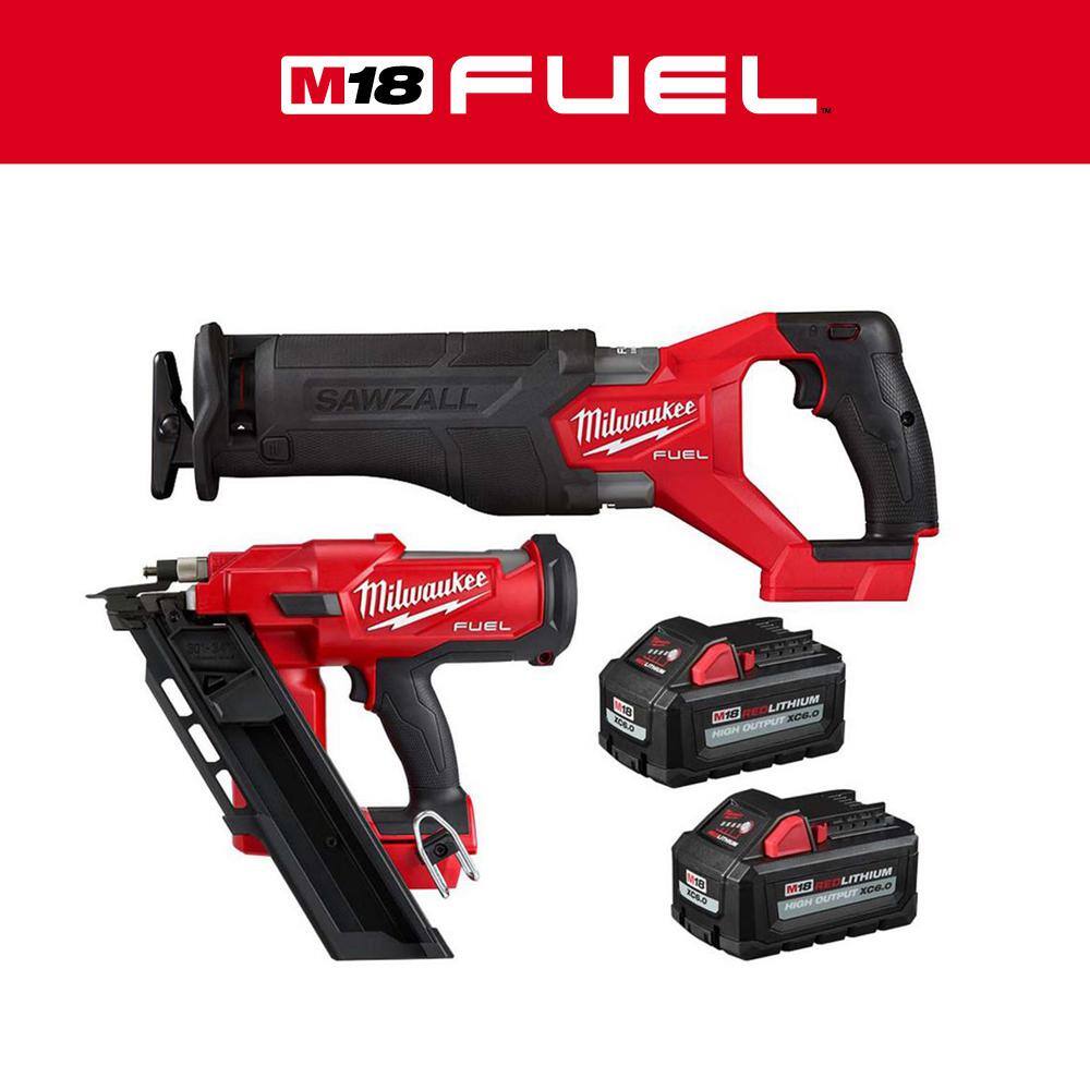 MW M18 FUEL GEN-2 18V Lithium-Ion Brushless Cordless SAWZALL w3-12 in. 30-Degree Framing Nailer Two 6Ah HO Batteries 2821-20-2745-20-48-11-1862