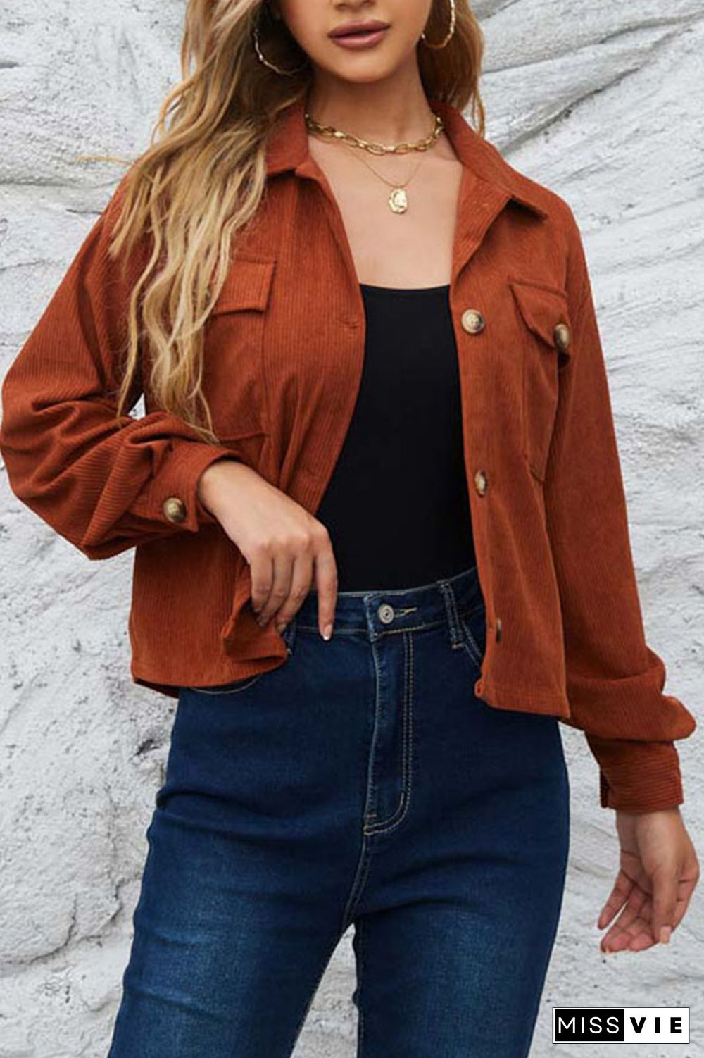 Plain Pockets Button Corduroy Crop Jacket