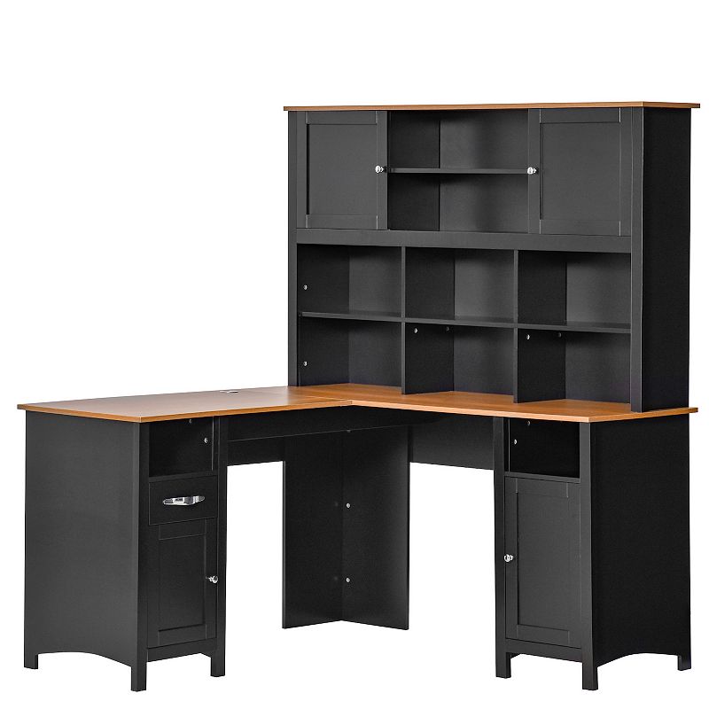 HOMCOM L Shaped Computer Desk with Storage Shelves Home Office Desk with Drawers and Cabinets Coffee Brown