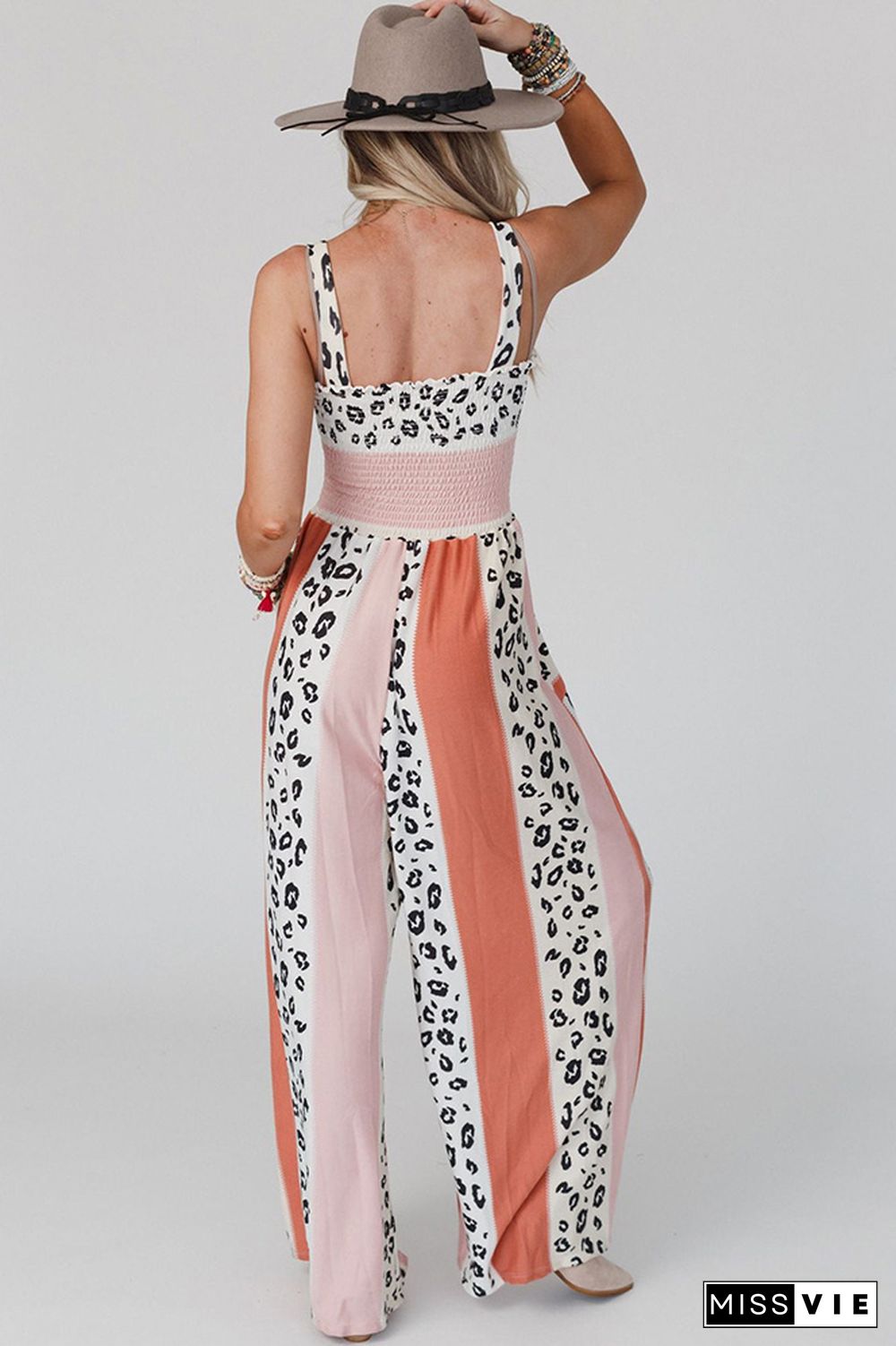 Color Block Leopard Smocked Cami Wide Leg Jumpsuit