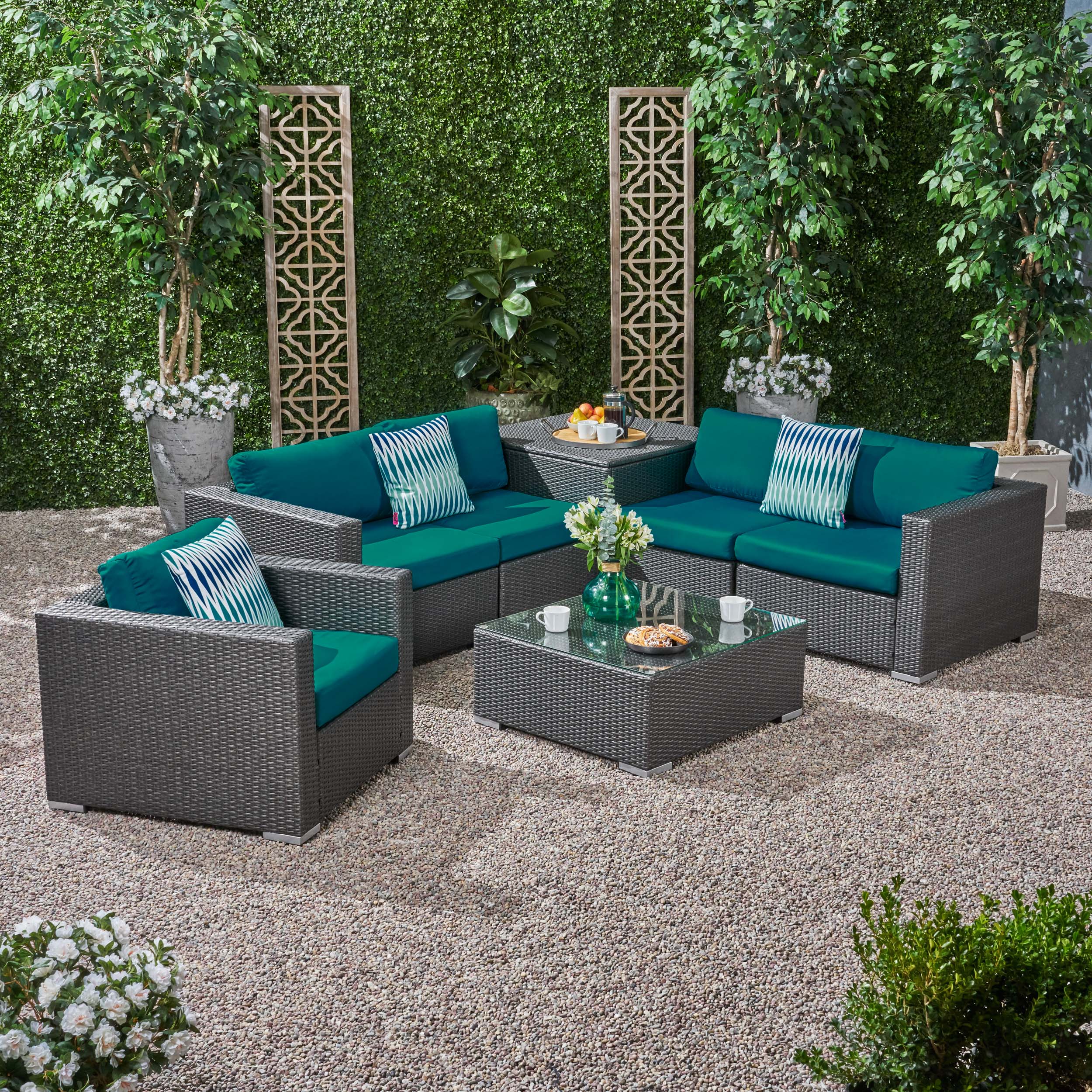 Kyra Outdoor 5 Seater Wicker Sectional Sofa Set with Storage Ottoman and Sunbrella Cushions