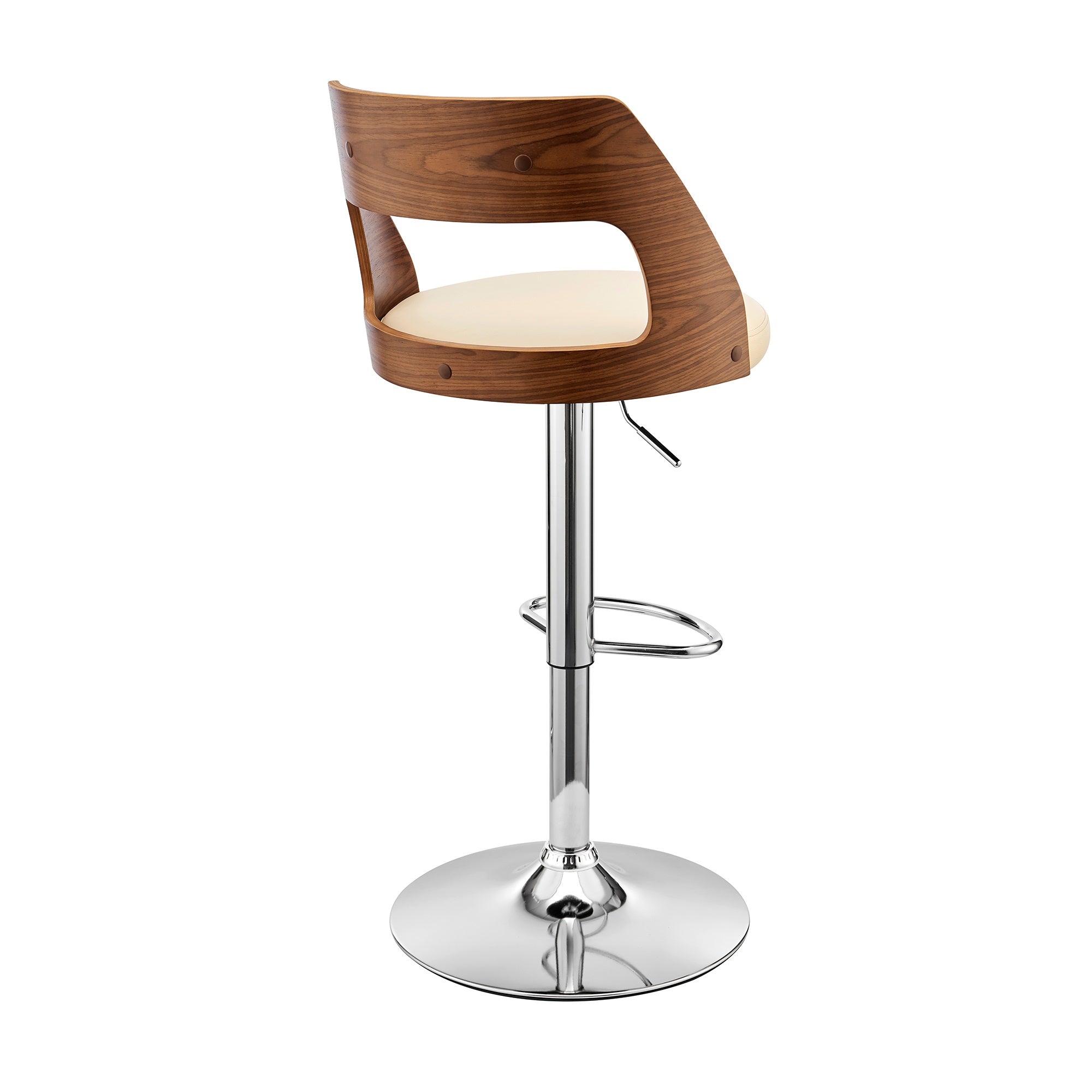 Itzan Adjustable Swivel Cream Faux Leather and Walnut Wood Bar Stool with Chrome Base