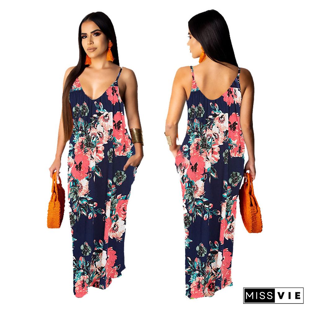 Hot Style Women's Summer Boho Floral Print Sleeveless V Neck Loose Long Maxi Party Beach Dress