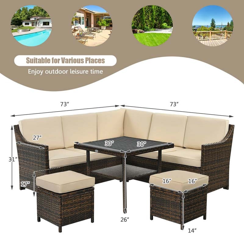 6 Pcs Rattan Patio Dining Furniture Sectional Corner Sofa Set with Dining Table & 2 Ottomans