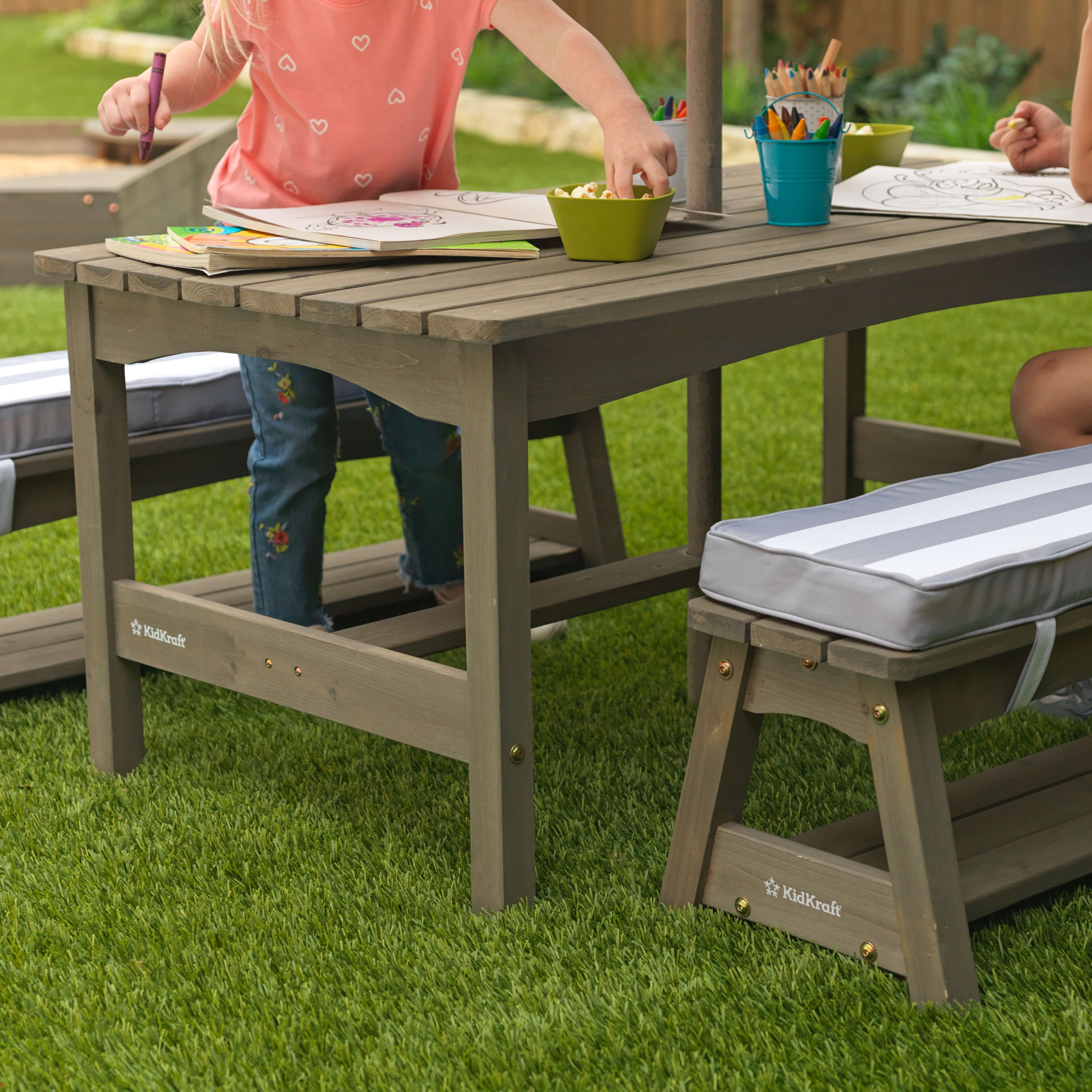 KidKraft Outdoor Table & Bench Set with Cushions and Umbrella, Gray and White Stripes