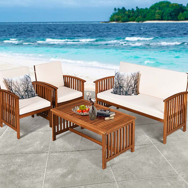 4 Pcs Outdoor Acacia Wood Sofa Set Patio Conversation Furniture Set with Cushions & Coffee Table