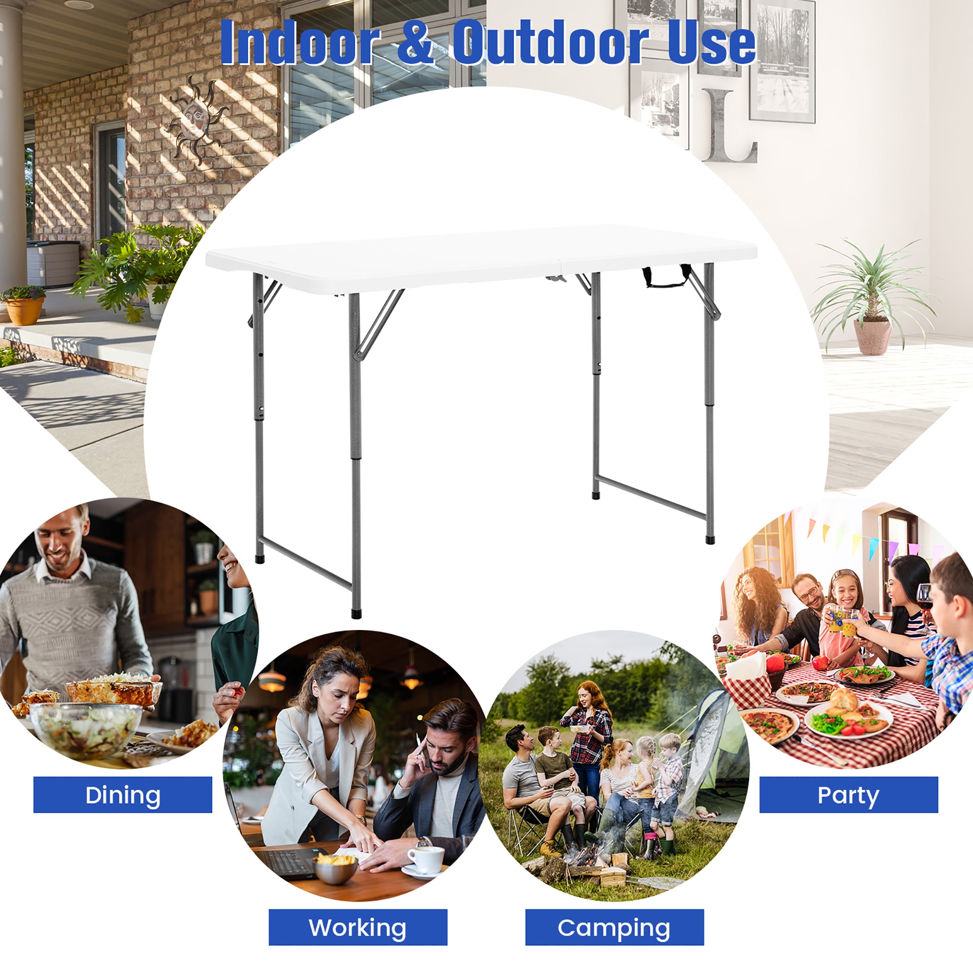 Costway Folding Table Portable Bi-fold Picnic Dining Table w/ 3-Level Height Adjustment