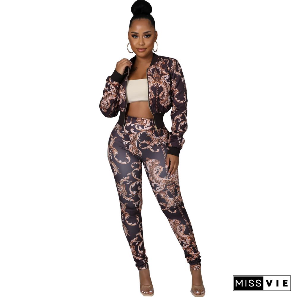 Printed Long Sleeve Zipper Jacket And Pant Suits