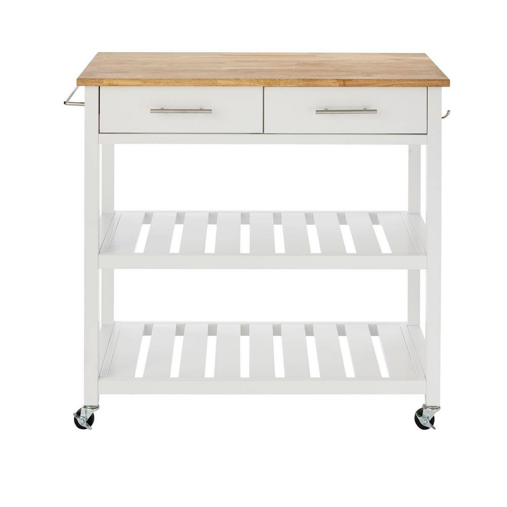 StyleWell Glenville Cream White Rolling Kitchen Cart with Butcher Block Top Double-Drawer Storage and Open Shelves (36