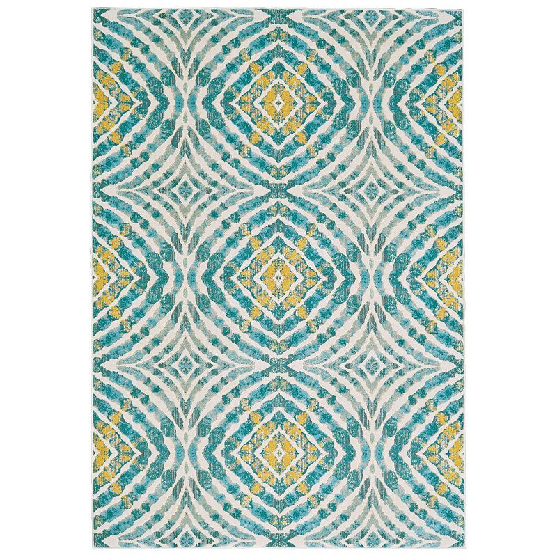 2' x 4' Teal Blue and Yellow Abstract Ikat Rectangular Area Throw Rug