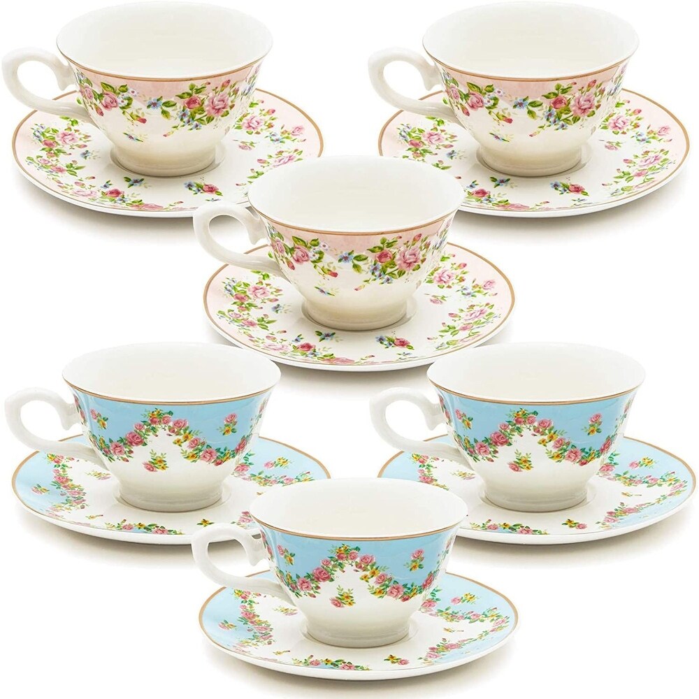 Floral Vintage 8oz Tea Cups and Saucer Set of 12 Party Supplies Blue Pink Teacup