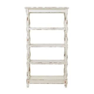 Litton Lane 5 Shelf Wood Stationary White Distressed Open Shelving Unit with Spindle Sides and Mesh 44419