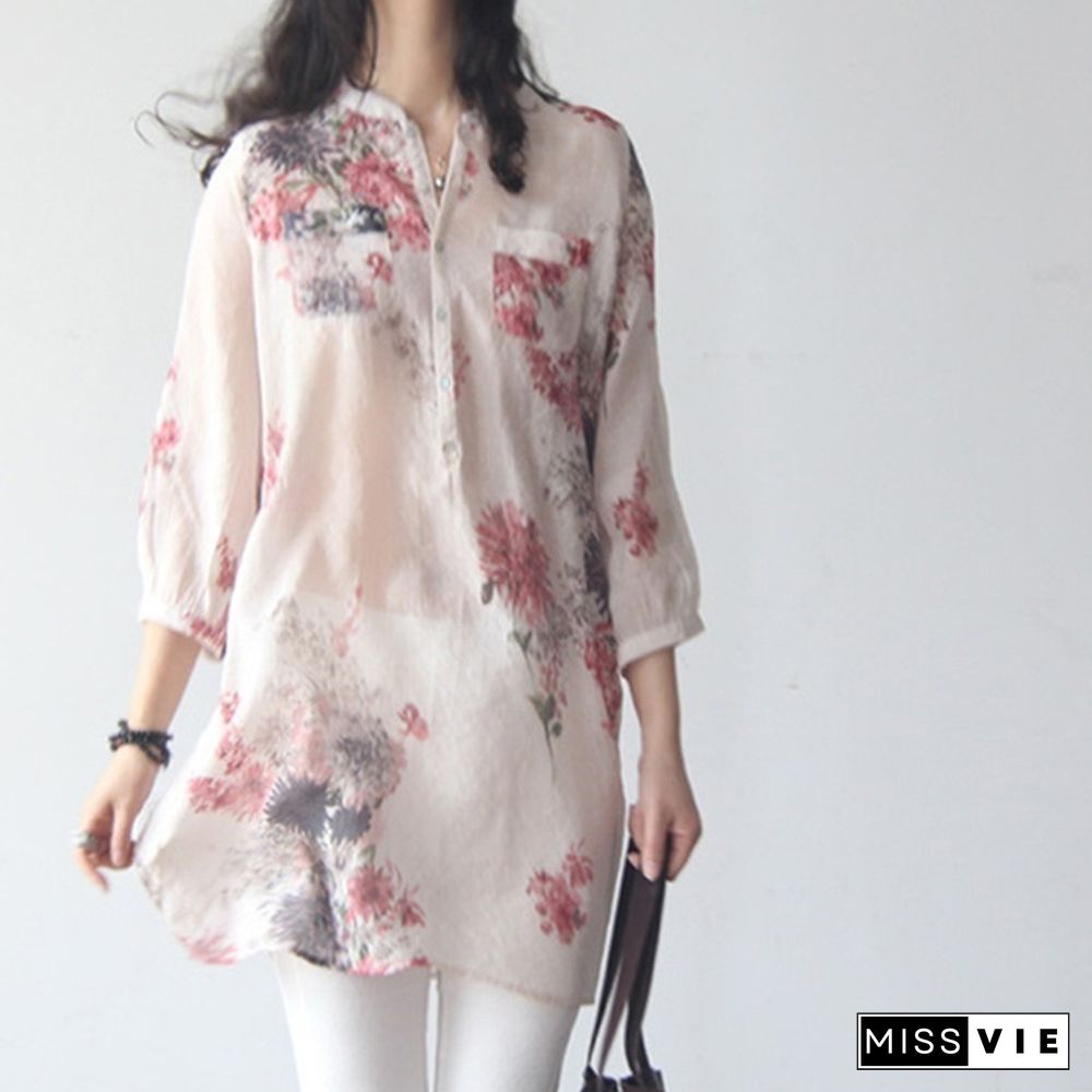 Vintage Women Floral Printed Casual Loose Tops Shirt Tunic Dress