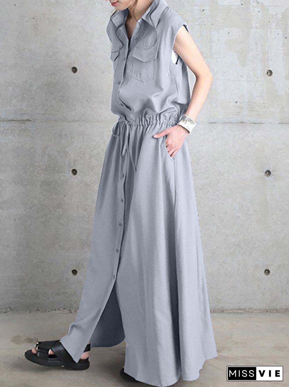 Solid Drawstring Waist Pocket Button Front Maxi Cargo Dress