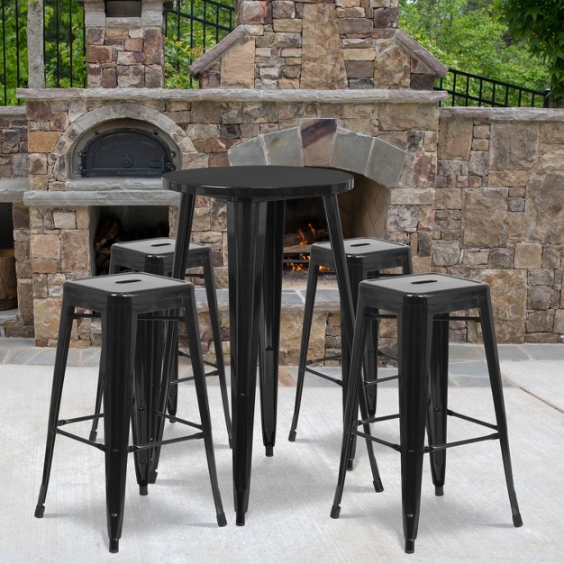 Round Metal Indoor outdoor Bar Table Set With 4 Square Seat Backless Stools