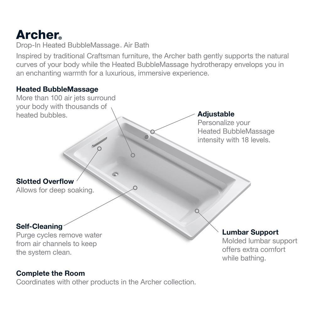 KOHLER Archer 72 in. Rectangular Drop-in Air Bath Bathtub in White K-1124-GH-0