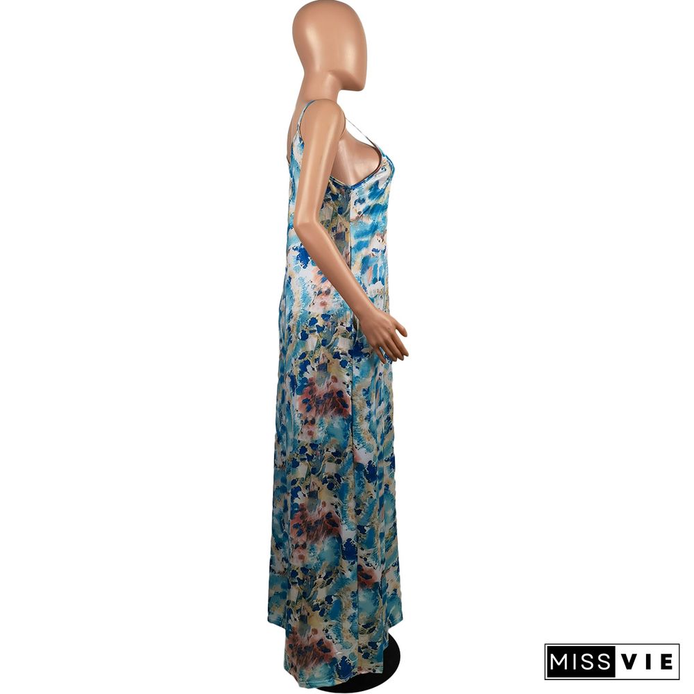 Tie Dye Beach Print Casual V Neck Sleeveless Spaghetti Strap With Pocket Women Summer Long Dress