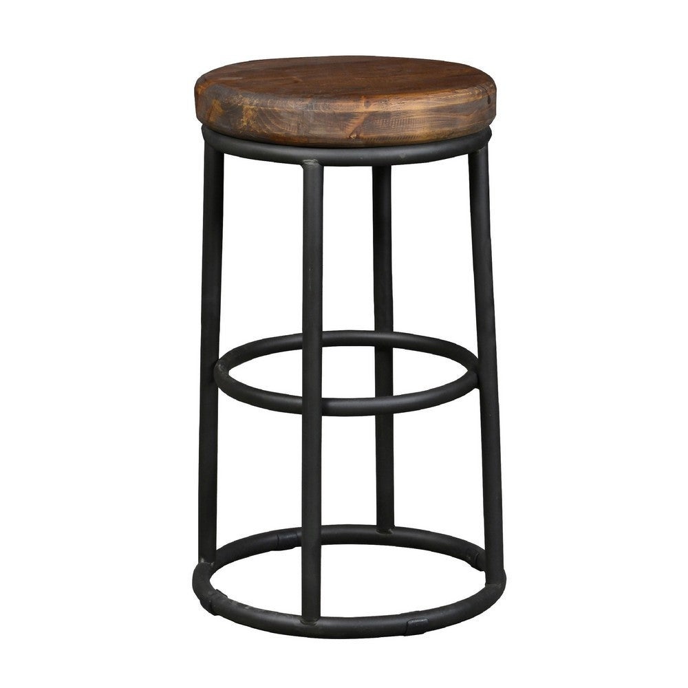 Ken 24 Inch Backless Round Counter Stool， Pine Wood Seat， Brown， Black - 24 H x 14 W x 14 L Inches