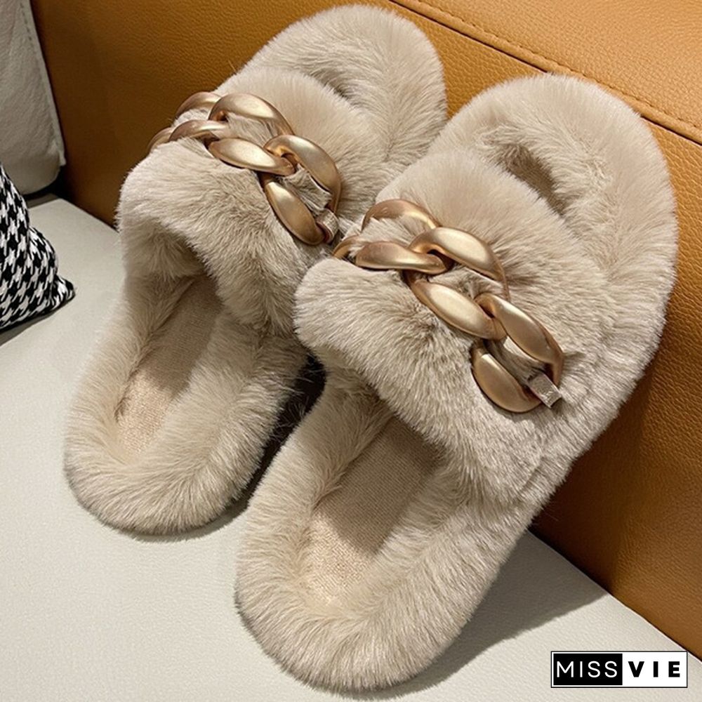 New Matte Gold Chain Decorate Female Fluffy Fur Slides Plush Warm Slippers Luxury Slippers Slip-On Thick Bottom Women