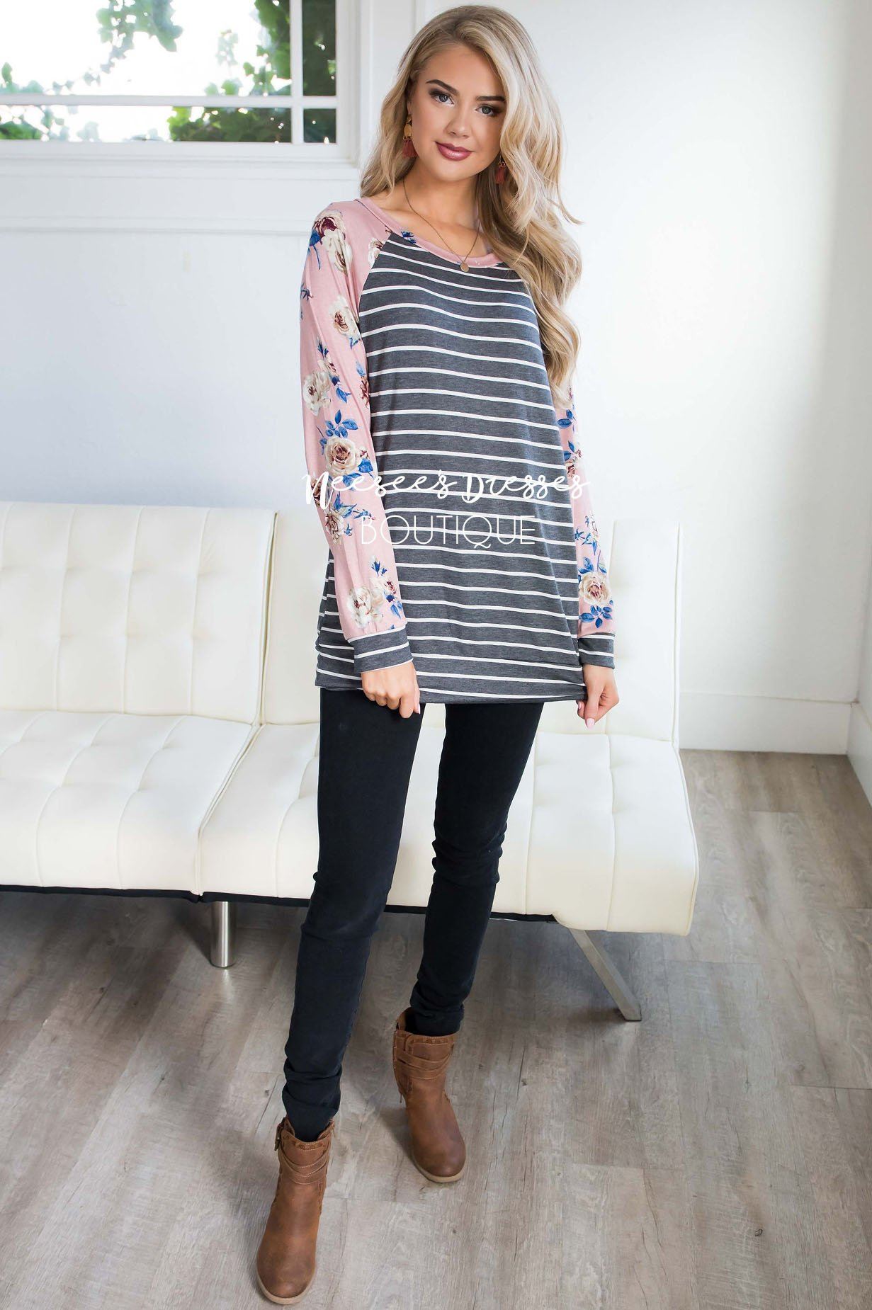 Floral Sleeve & Striped Top