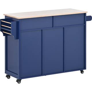 Siavonce Blue Rubber Wood 18.50 in. W Kitchen Island Cart with 8 Handle-Free Drawers Including a Flatware Organizer and 5 Wheels DJ-ZX-SK000002AAG