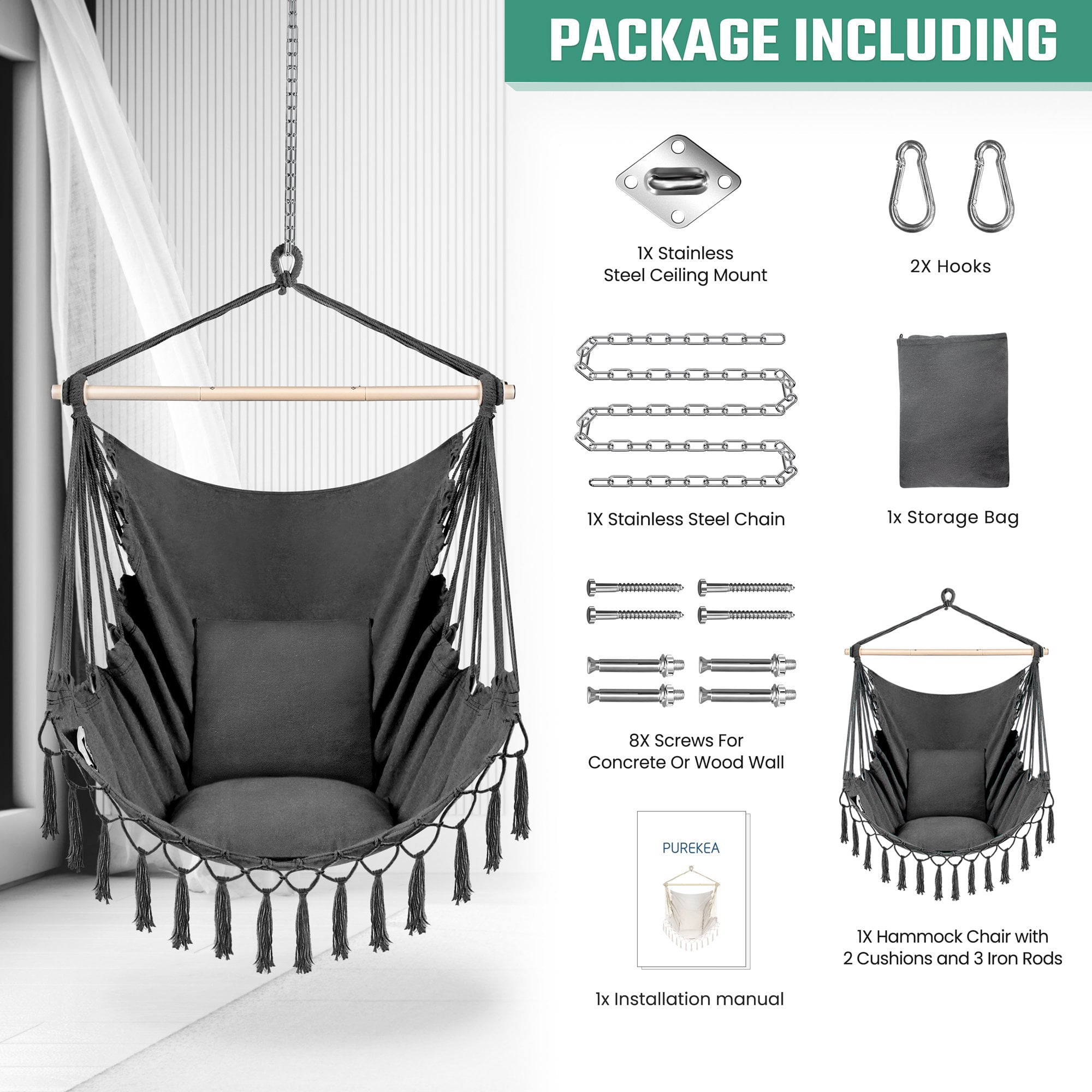 Oversized Hammock Chair Hanging Rope Swing Seat with 2 Cushions and Hardware Kits, Perfect for Indoor, Outdoor, Home, Bedroom, Patio, Yard，Deck, Garden, Max 330 Lbs, Grey