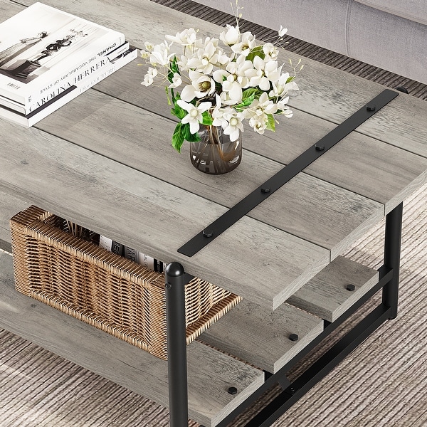 Farmhouse Coffee Table， Rustic Coffee Table， Industrial Living Room Central Table 2-Tier Large Open Wood Shelf