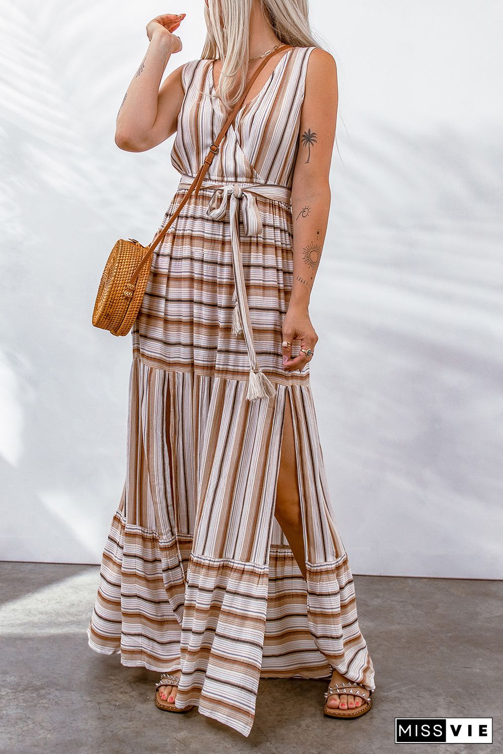 Khaki Striped V Neck Sleeveless Maxi Dress with Tie