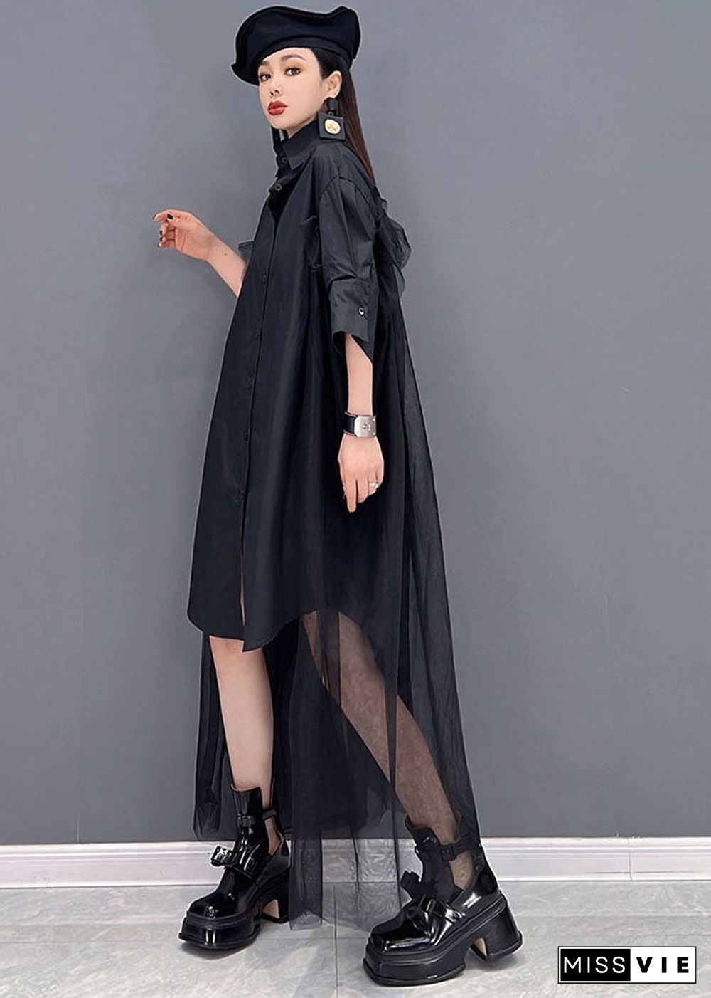 Plus Size Black Original Design Peter Pan Collar Tulle Patchwork Cotton Shirt Dresses Long Sleeve