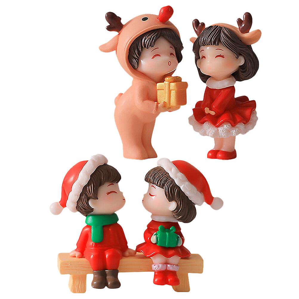 2 Pairs Miniature Xmas Couple Figurines Cartoon Couple Figure Romantic Statues