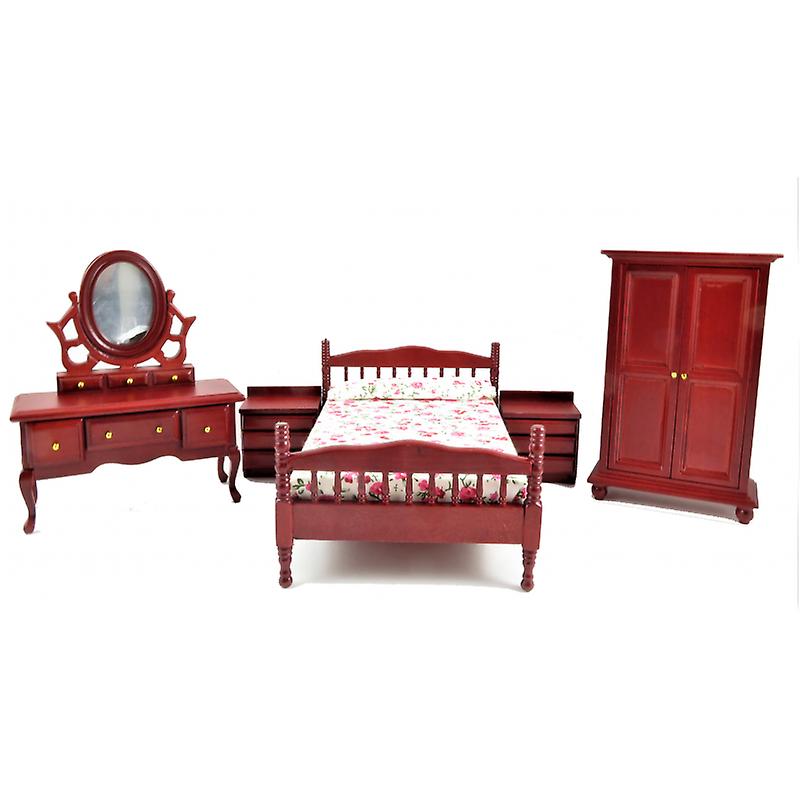 Dolls House Mahogany Double Bedroom Furniture Set With Spindle Bed Frame