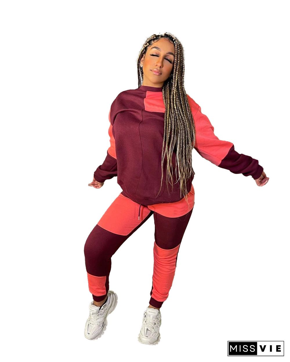 Color Block Pathwork Fleece Sweatshirt And Pants Set