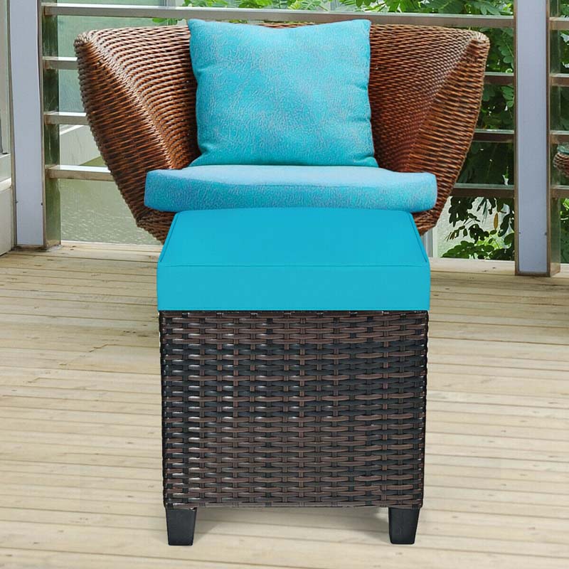 2 Pcs Rattan Patio Ottoman Set with Removable Cushions, All Weather Wicker Outdoor Footstool Footrest Seat