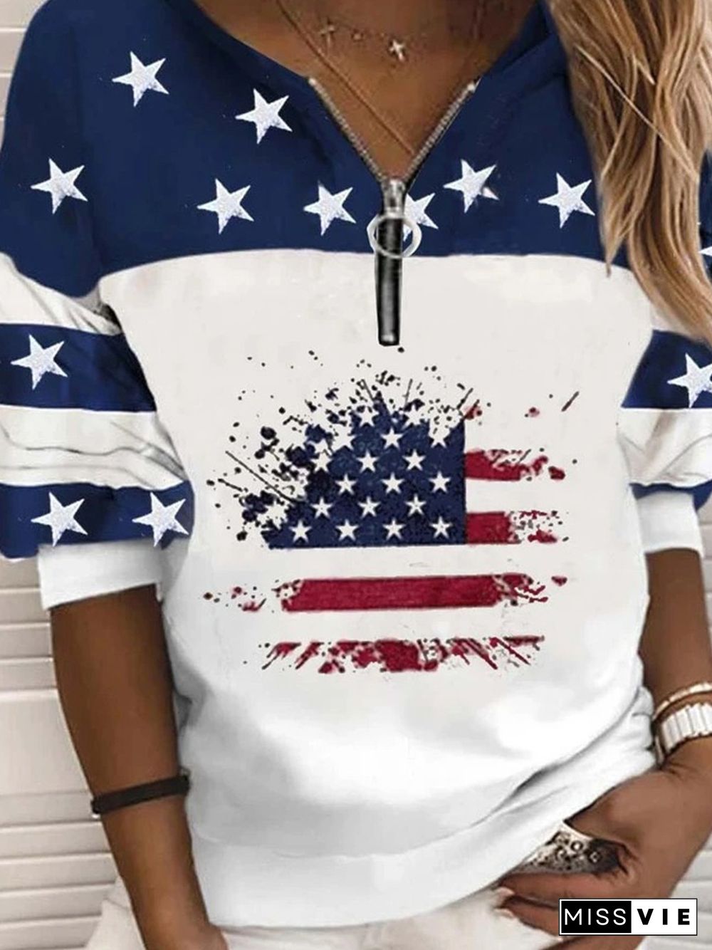 Casual Hippie Stars Zipper Flag Printed Round Neck Sweatshirts