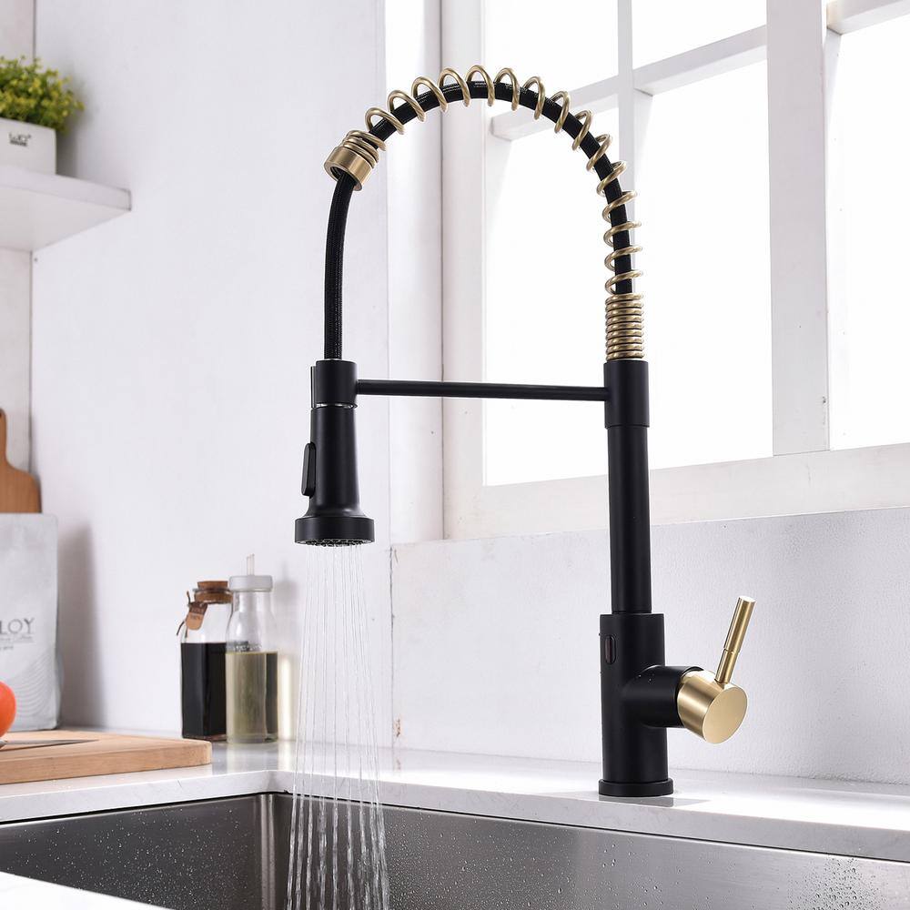 Boyel Living Single-Handle Touchless Sensor Gooseneck Pull-Down Sprayer Kitchen Faucet in Matte Black and Brushed Gold BMIS2252BG